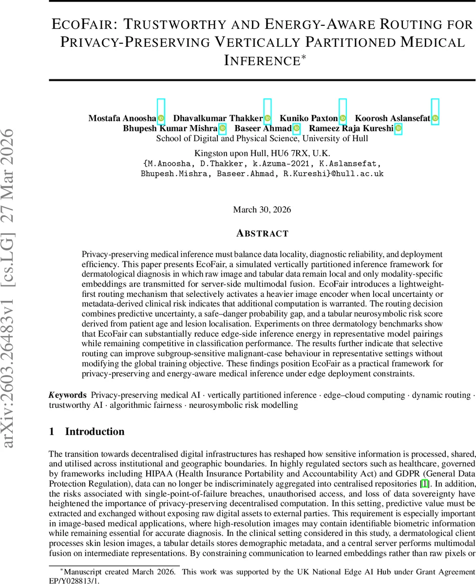에코페어 프라이버시 보존과 에너지 효율을 겸비한 동적 라우팅 의료 추론