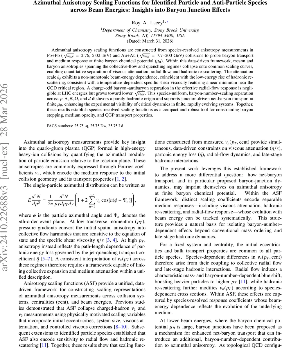 중성자 전하와 흐름을 잇는 새로운 스케일링: 입자·반입자 비대칭과 바리온 정션