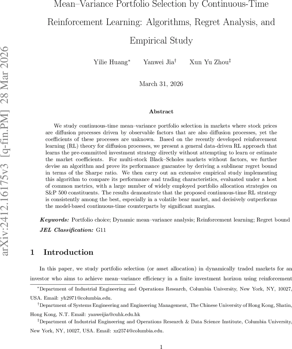 연속시간 강화학습 기반 평균분산 포트폴리오 선택 및 후회 분석
