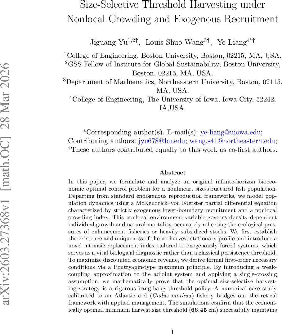 비국소 군집과 외생 보충을 고려한 크기 선택 임계 수확 정책
