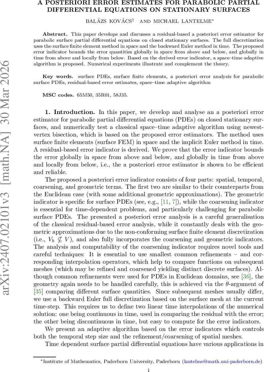 정지 표면 위 파라볼릭 PDE의 사후오차 추정 및 적응 알고리즘